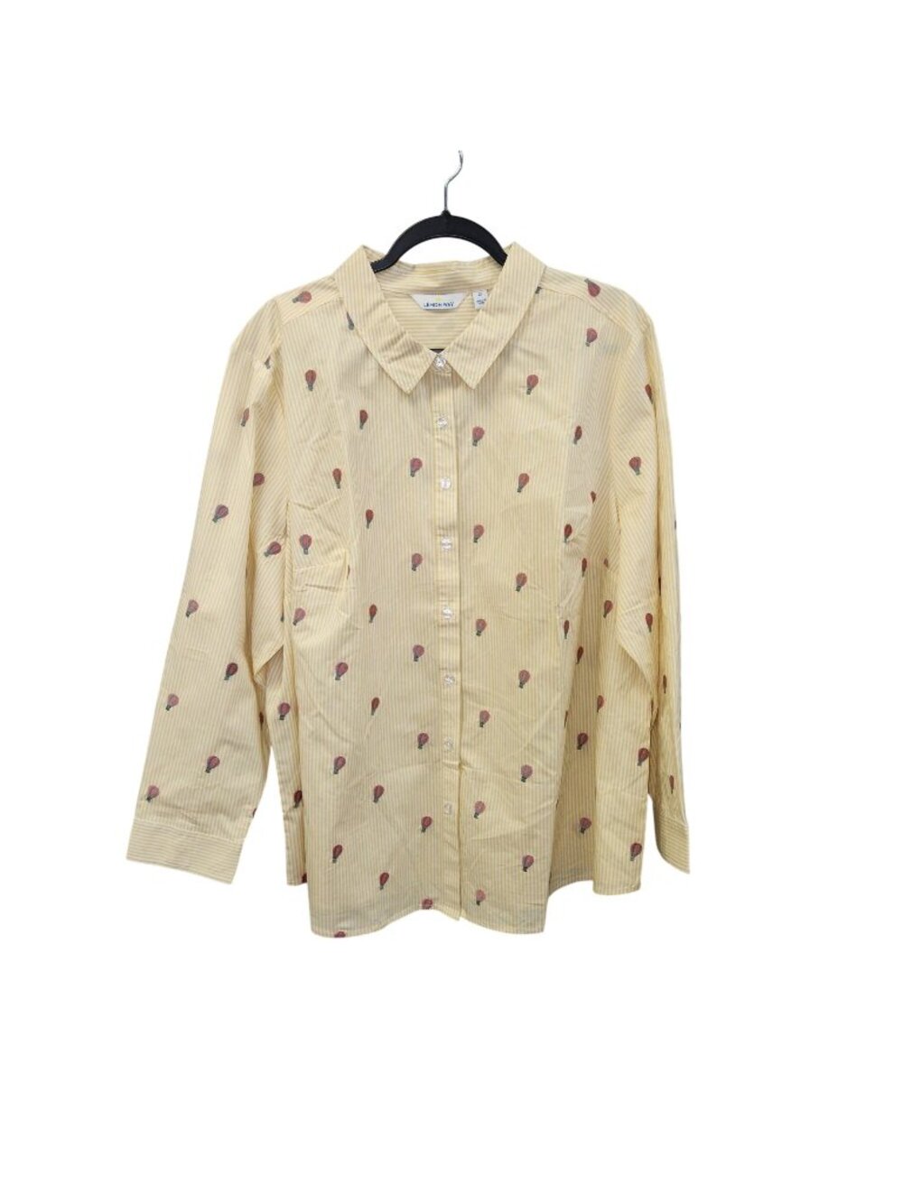 LEMON WAY Womens 2X Yellow Striped Embroidered Hot Air BalloonButton Down Shirt